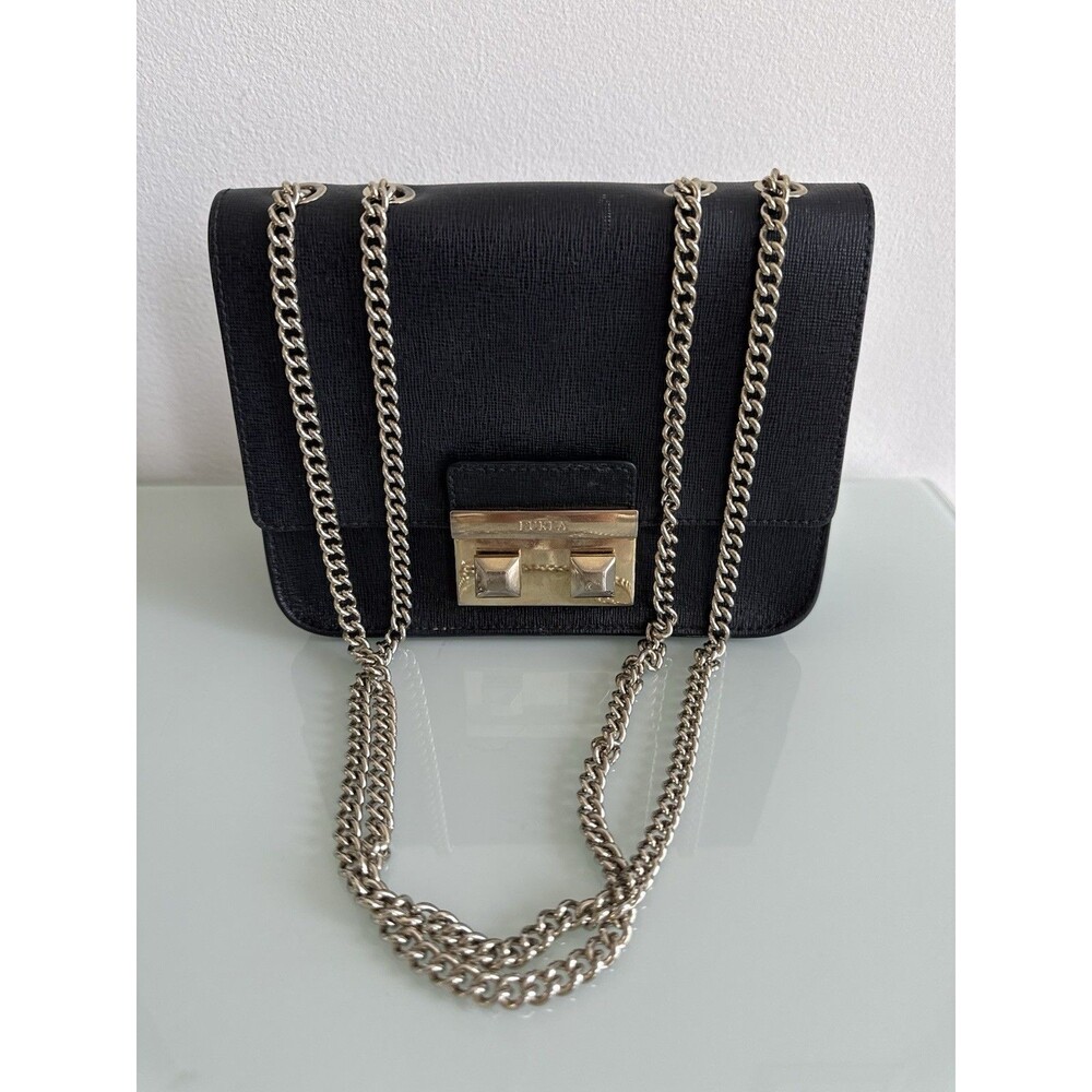 Furla Metropolis Black Leather Chain Shoulder Crossbody Bag Gold Hardware